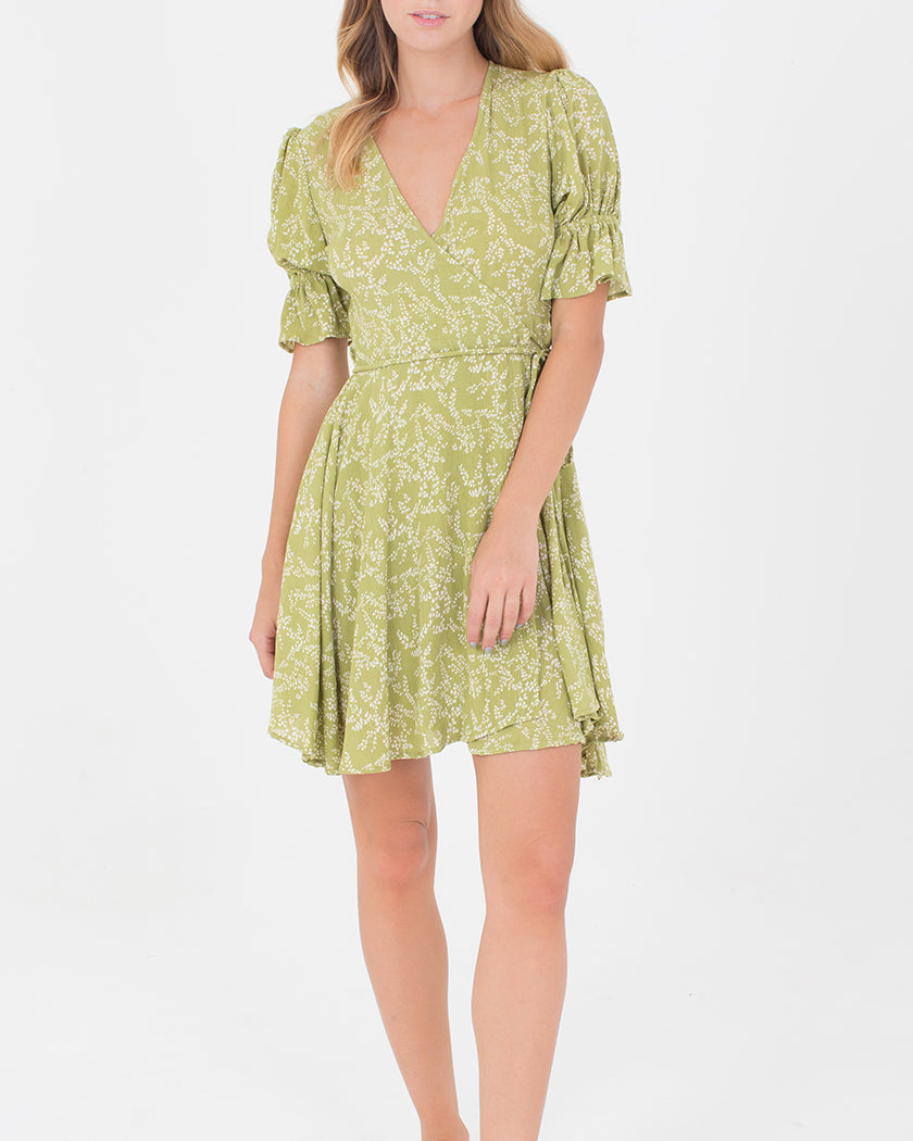 slim fit dress slacks Elegant Moss Multi-Color Floral Print V-Neck Ruffle Cut-Out Back Tie-Up Dress with Long Sleeve L / Moss main image 1